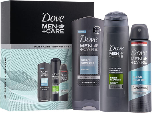 Dove Men+Care Daily Care Trio including Clean Comfort Deodorant & Shower Gel gift set for Men 3 piece