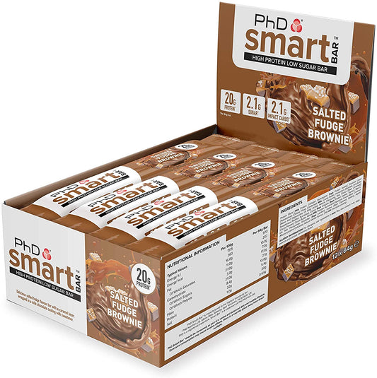 PhD Smart Bar, High Protein Low sugar chocolate coated snack (Salted Fudge Brownie), 12 Bars